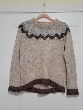 Cozy Neutral Fair Isle Knit Sweater, Cream and Brown, With Flecks of Gold Thread